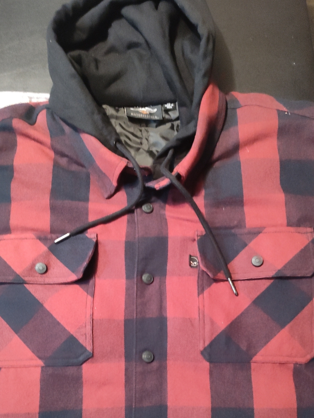 Harley Davidson Hooded Red & Black Plaid Flannel Men's Jacket 2XL